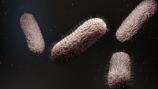 Peritrichous Bacteria with lot of flagellum, bacteria with long tails and thin villi moving in the black environment, viruses floating in the liquid space, microbe infection, microvilli, 3d render
