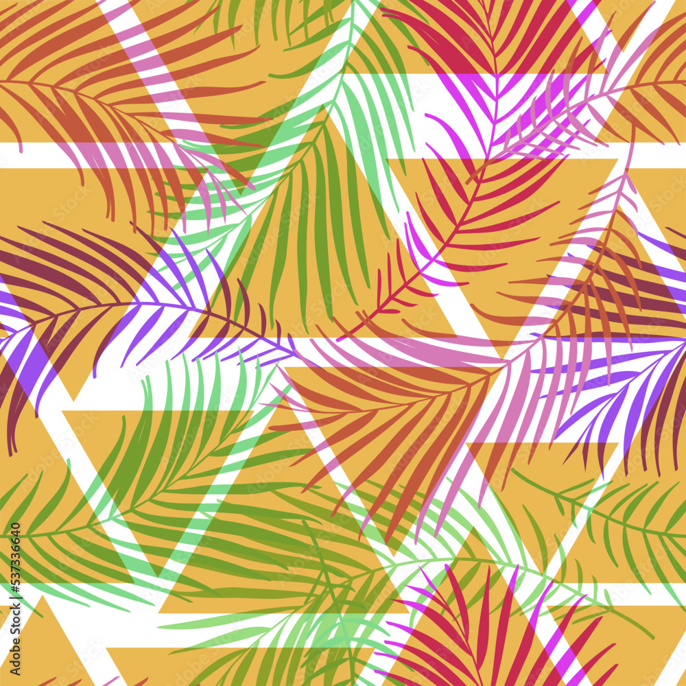 Poster abstract floral coconut trees seamless pattern with triangle geometric shape. tropical background