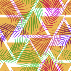 Abstract Floral coconut trees seamless pattern with triangle geometric shape. tropical background	
