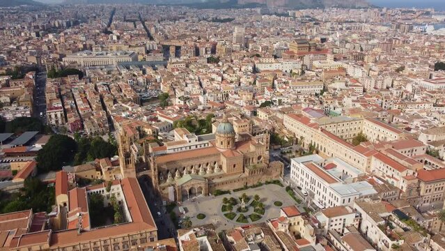 Palermo, Italy: Aerial drone footage of the stunning Palermo cathedral that dates back from 1185 in the old town in Sicily largest city in Italy. Shot with a tilt up motion