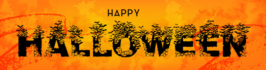 Happy Halloween vector lettering. Grim black cracked letters with Bat swarm.