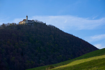 Teck Castle on a hill near Swabian Alb. Historical building in spring at sunrise.