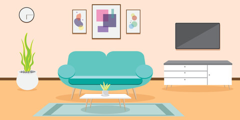 Living room interior. Comfortable sofa, bookcase, chair and house plants, and Tv. Vector flat illustration