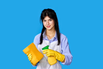 woman gloves and cleaner apron with sponge and detergent sprayer