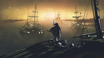 Photo sur Plexiglas Grand échec Assistant avec une baguette magique debout sur le navire sur fond de coucher de soleil, style d& 39 art numérique, peinture d& 39 illustration