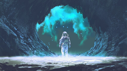 spaceman standing at the entrance of the cave, digital art style, illustration painting © grandfailure