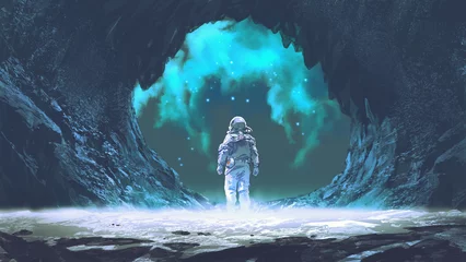 Poster ruimtevaarder die bij de ingang van de grot staat, digitale kunststijl, illustratie, schilderkunst © grandfailure