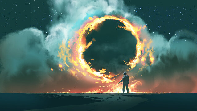 Fototapeta soldier standing and looking at the huge circular fire portal floating in the sky, digital art style, illustration painting