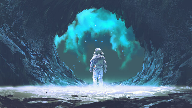 Fototapeta spaceman standing at the entrance of the cave, digital art style, illustration painting