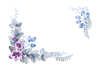 Two corner frame of fantasy purple flowers with blue and grey leaves and herbs isolated on white background. Copy space. Hand drawn watercolor.