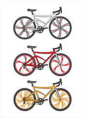 Concept of speed bicycle with mag or alloy wheel in 3 types 3 colors drawing in cartoon vector