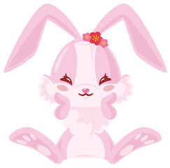 正面を向いてにっこり笑ったファンシーで可愛いピンクウサギのカットイラスト