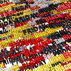 black Friday discount word cloud with black, white, yellow, and red color letter 3D rendering.