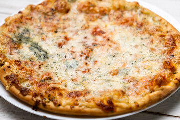 Freshly cooked pizza with blue cheese. Close-up.
