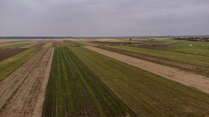 Fototapeta na wymiar Aerial drone view flight over different agricultural fields sown