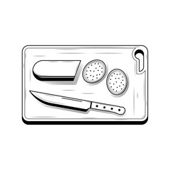 Abstract Hand Drawn Kitchen Stuff Sliced Sausage And Knife On Cutting Board Meal Doodle Concept Vector Design Outline Style On White Background Isolated For Cooking