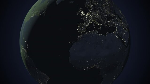 Seamless looping animation of the earth at night zooming in to the 3d map of France with the capital and the biggest cites in 4K resolution