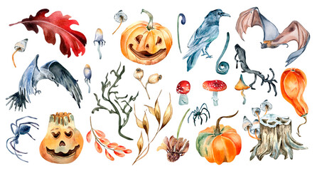 Obraz na płótnie Canvas Clipart of Halloween symbols watercolor illustration isolated on white background.