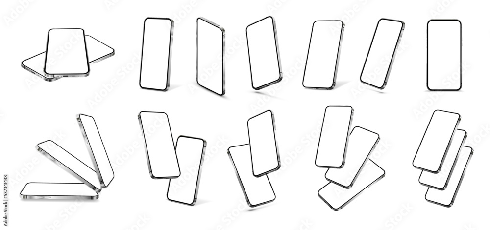 Aufkleber Mobile Phone compositions. 3D realistic smartphone with blank screen from different angles and in different positions. A large number of 3D smartphones. Realistic mock-ups gadgets. Vector isolated set