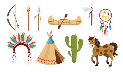 Obraz premium Set of equipment American Indians in cartoon style. Vector illustration of bow and arrow, spear, tomahawk, mustang, canoe, wigwam, crown of feathers, shamanic drum, cactus on white background.