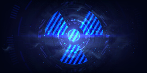 Futuristic sign of radiation divided into small radioactive elements. The concept of atomic energy. Futuristic reactor and radiation sign on a dark background, danger, warning. Vector illustration