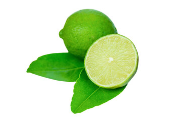 Naklejka na ściany i meble Lime slice and leaf isolated on white background with clipping path