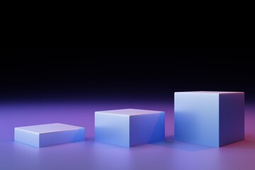 Three light square podiums on a black background, 3d render