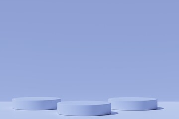 Three round podiums on a blue background, 3d render