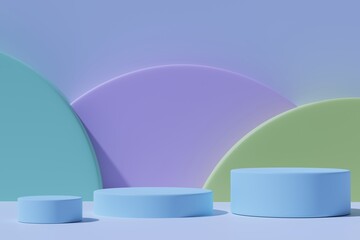 Blue podiums on purple and green background, 3d render