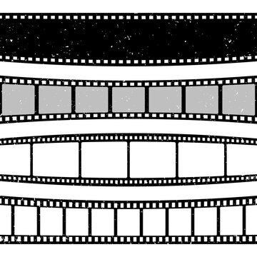Retro curved film strips collection. Old grunge cinema movie strip. Analog video recording equipment. Vector illustration