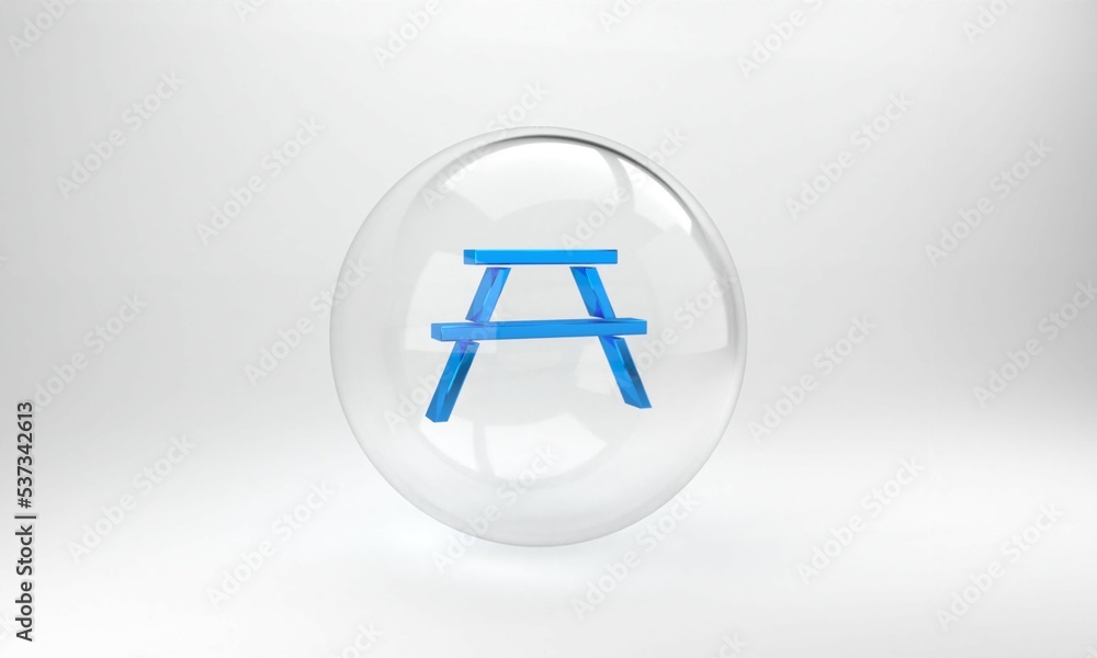 Poster blue picnic table with benches on either side of the table icon isolated on grey background. glass c