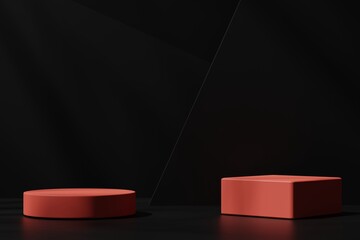 Two red podiums on a black background, 3d render