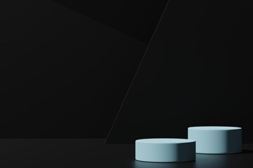 Two blue round podiums on a black background, 3d render