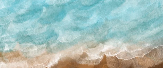 Fototapeten Tropical sea with waves and beach. Vector travel watercolor illustrations with sea beach for cover design, card, flyer, poster, banner and invitation card. Hand drawn summer background. Holiday. Waves © Maribor