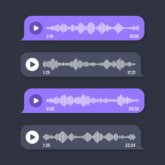 Voice, audio message, speech bubble. SMS text frame. Social media chat or messaging app conversation. Voice assistant, recorder. Sound wave pattern. Dark mode. Vector illustration