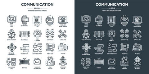 Communication, social media and online chatting. SMS, phone call, messaging in smartphone messenger application. Computing, email web services support. Thin line icons set. Vector illustration