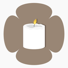 Simple white burning scented wax candle flat vector illustration isolated on brown abstract background. Home, interior, light, holiday concept