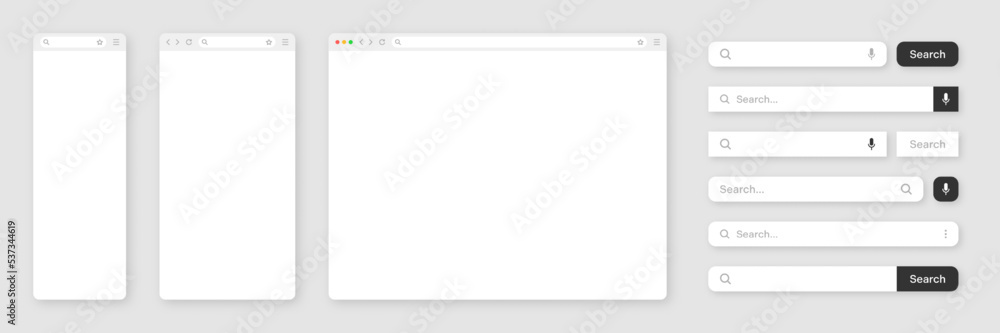 Poster blank internet browser window with various search bar templates. web site engine with search box, ad