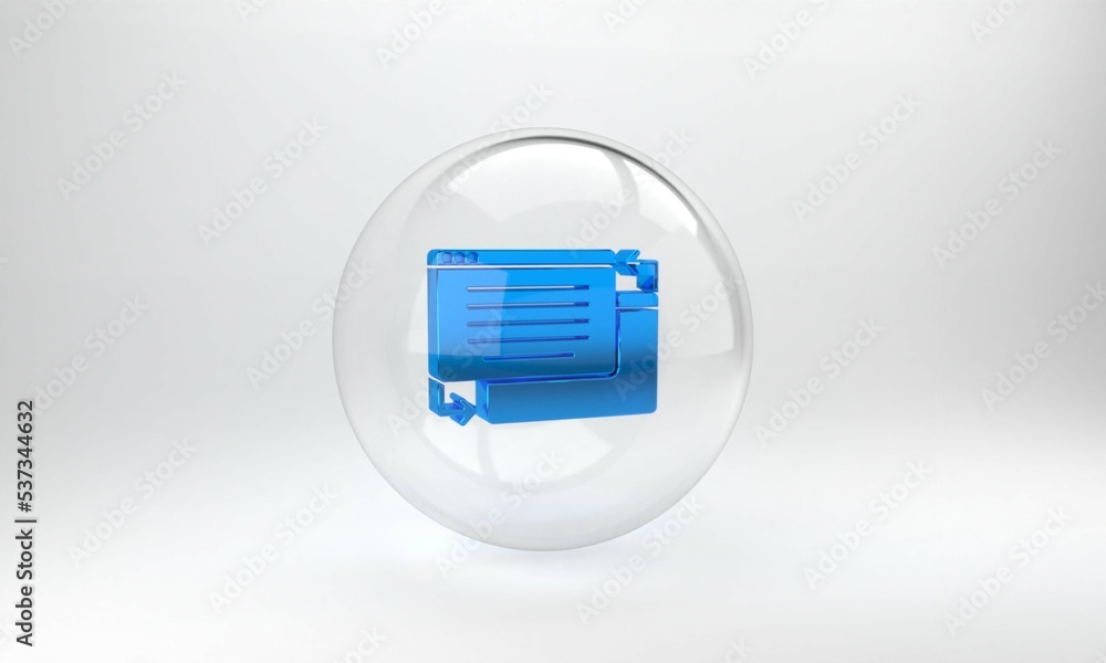 Poster blue ui or ux design icon isolated on grey background. glass circle button. 3d render illustration