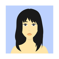 Colored woman icon in a square. Long black hair brunette female avatar user person profile symbol for business sign. Flat vector illustration on blue background