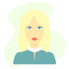 Colored blonde woman with blue eyes and blue blouse icon. Long hair female avatar user person profile symbol for business sign. Flat vector illustration
