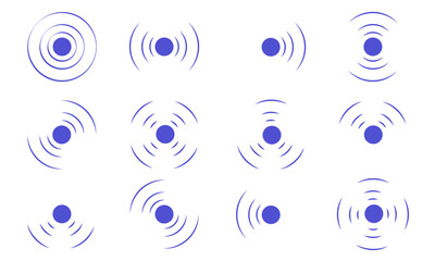 Set echo sonar waves. Blue radar symbols on sea and ultrasonic signal reflection. Collection icon detect and scan vibration or water. Round pulsating circle wave system vector illustration concept - obrazy, fototapety, plakaty
