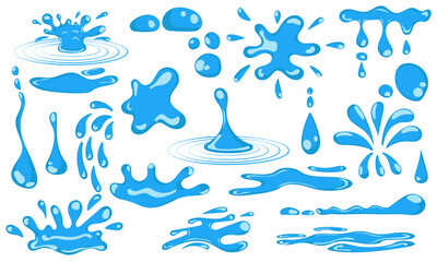 Set cartoon blue dripping water drops and liquid icon collection. Shape water is splashing, flowing, flowing and water droplet. Clean and fresh aqua and wet bubble. Flowing dew vector illustration