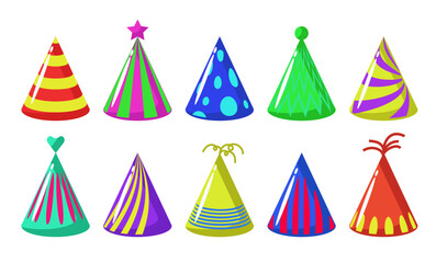 Birthday hats set. Collection of paper cap holiday icon isolated on white background and party celebration. Funny colorful objects for carnival and surprise accessory in shape cone vector illustration