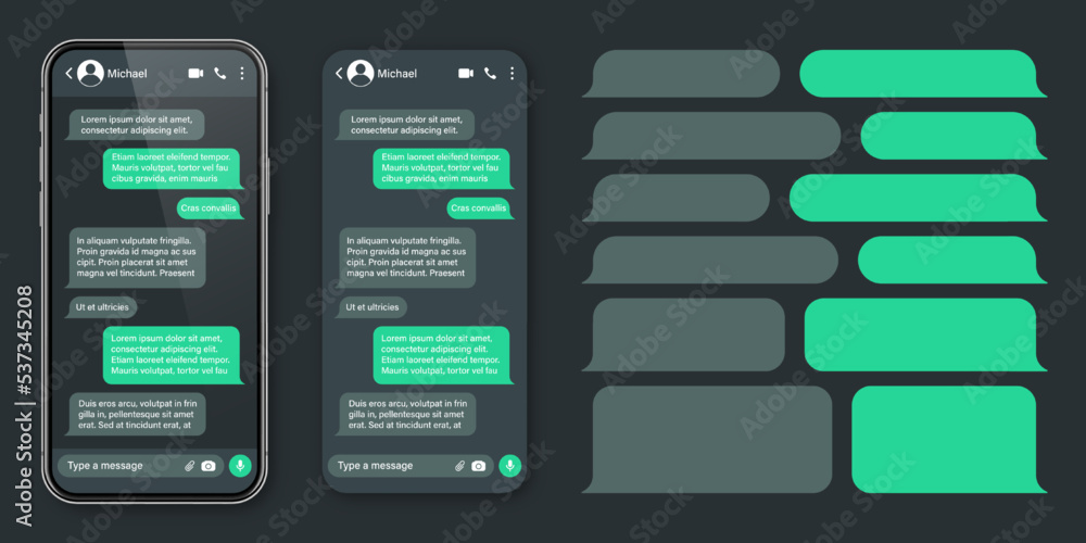 Wall mural Realistic smartphone with messaging app. SMS text frame. Conversation chat screen with green message bubbles and placeholder text. Dark mode. Social media application. Vector illustration