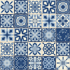 Spanish style blue ceramic tiles, classic symmetrical pattern for wall decoration illustration