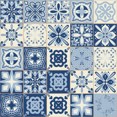 Spanish portuguese ceramic tile in blue color, vintage traditional pattern on square mosaic