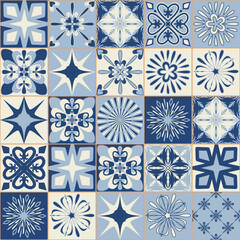 Spanish portuguese ceramic tile in blue color, vintage traditional pattern, vector illustration