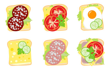 Vector set on sandwiches (toasts) with transparent background.