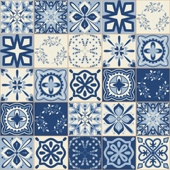 Spanish portuguese ceramic tile in blue color, vintage traditional pattern on square mosaic, vector illustration